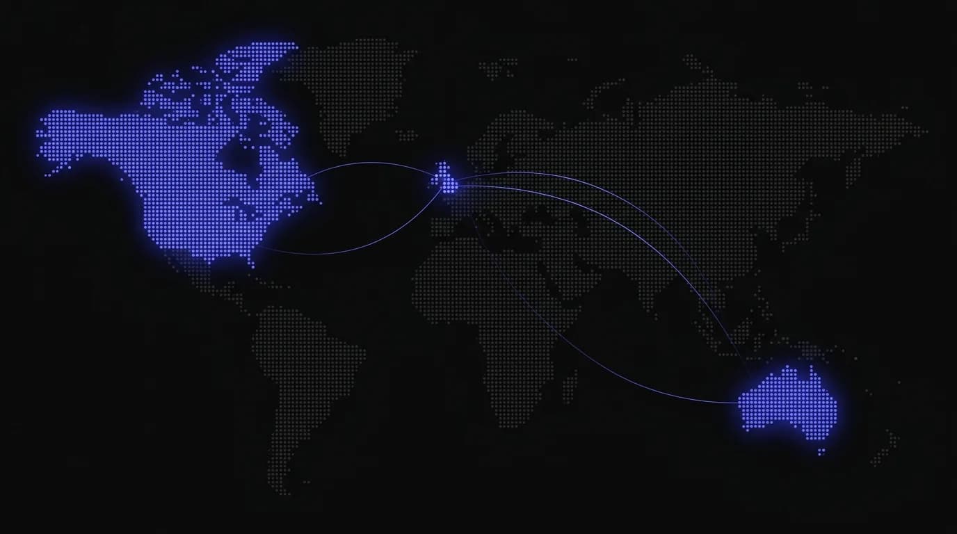 Dotted world map with North America, the UK and Australia highlighted and linked by arcs
