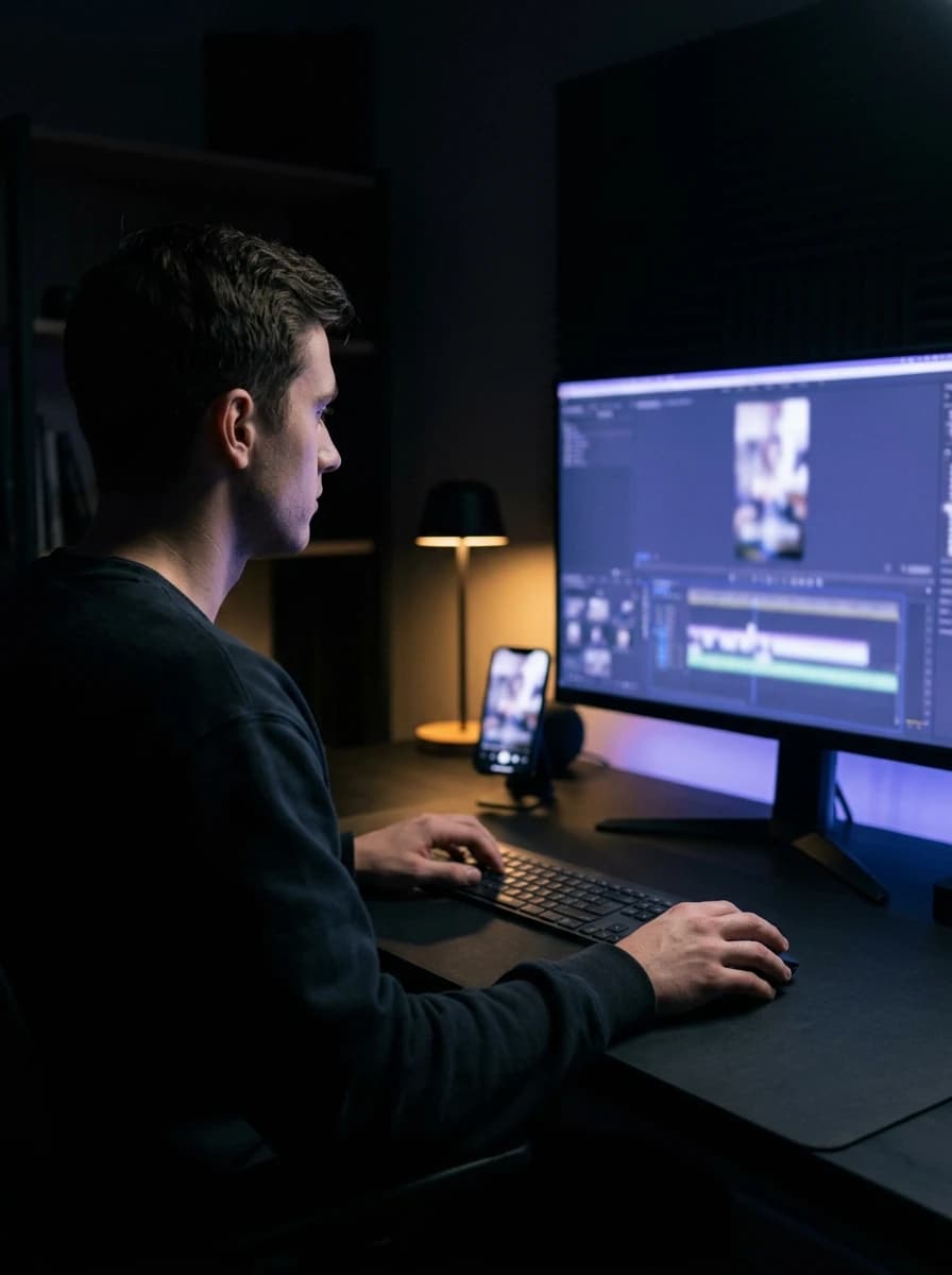 Editor cutting a vertical video on a desktop monitor at night