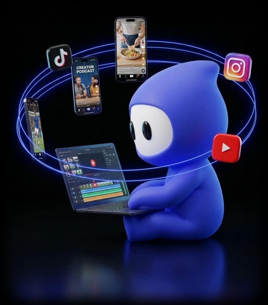 Distrimesh blue ninja mascot working at a laptop surrounded by orbiting short-form video clips and platform badges