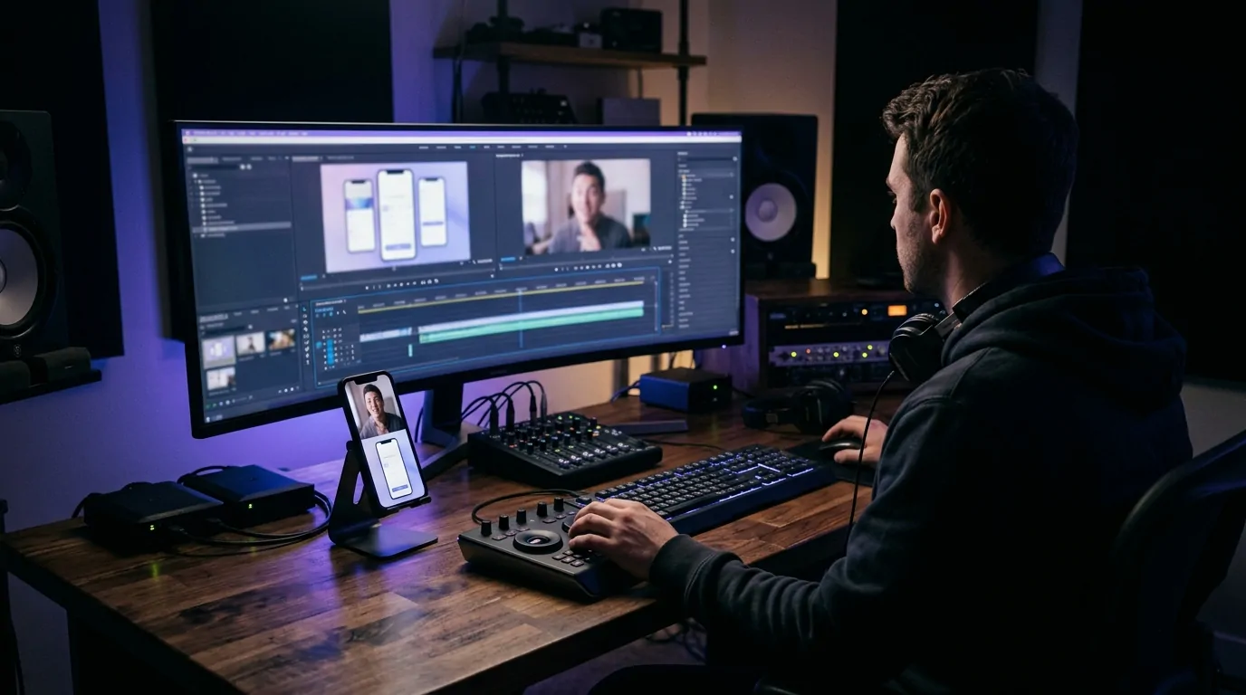 Editor combining a phone screen recording and a reaction shot into a vertical clip