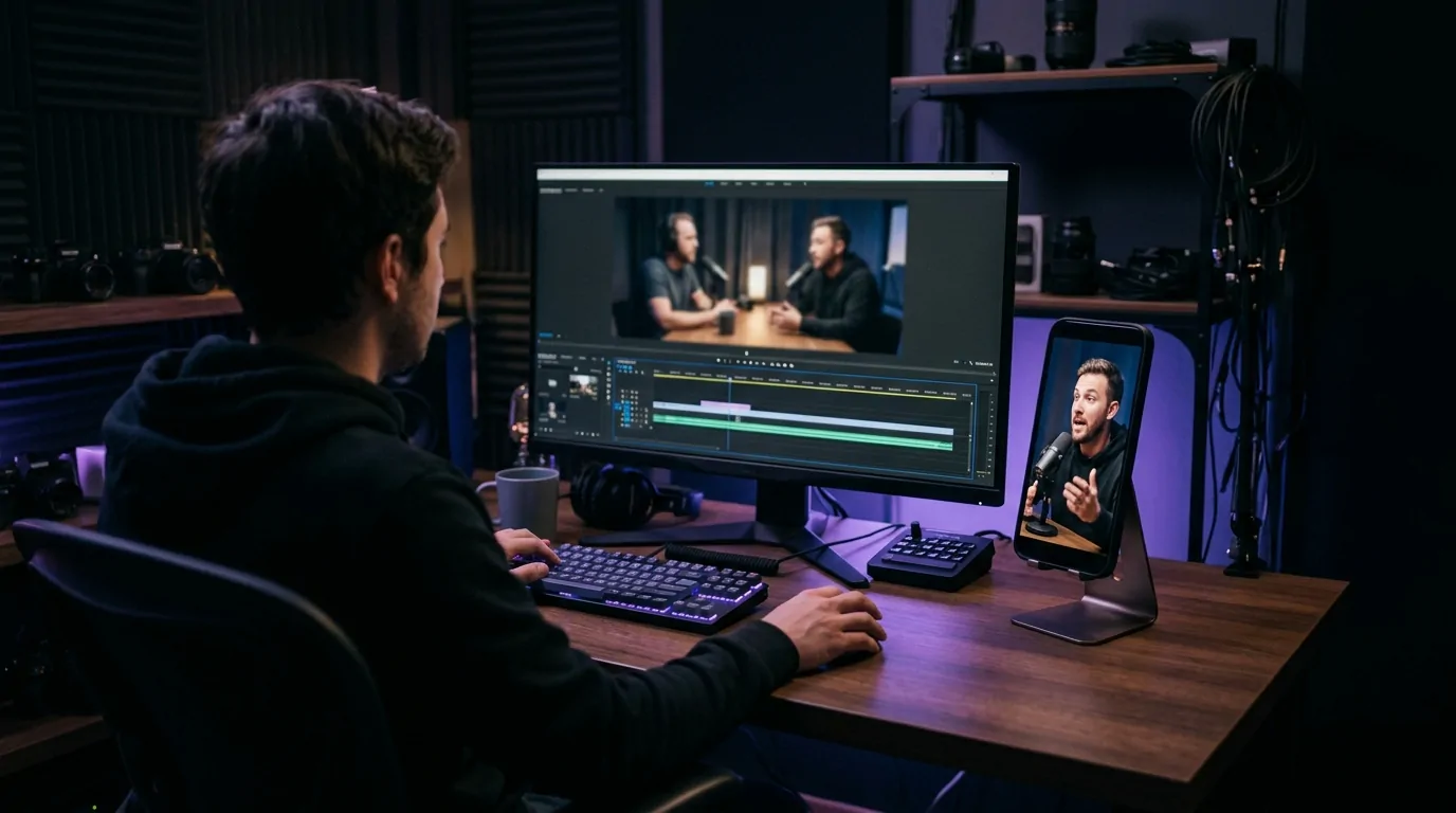 Editor cutting a two-person podcast episode into a vertical clip