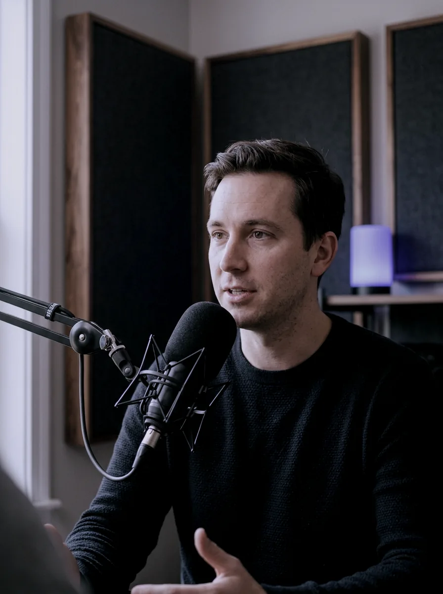 Podcast host speaking into a microphone in a studio