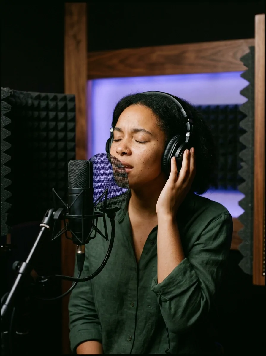 Singer-songwriter recording vocals at a microphone in a small studio